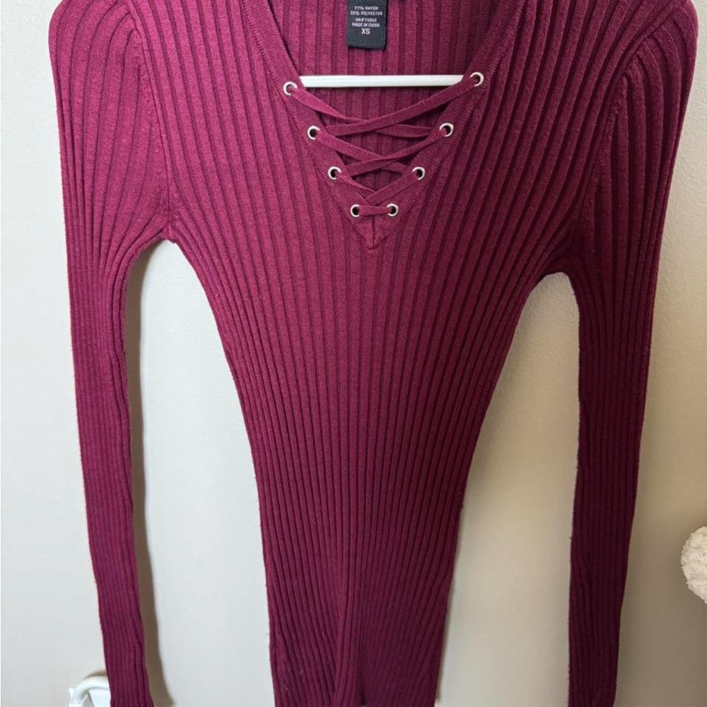 Burgundy Ribbed Lace-Up Sweater